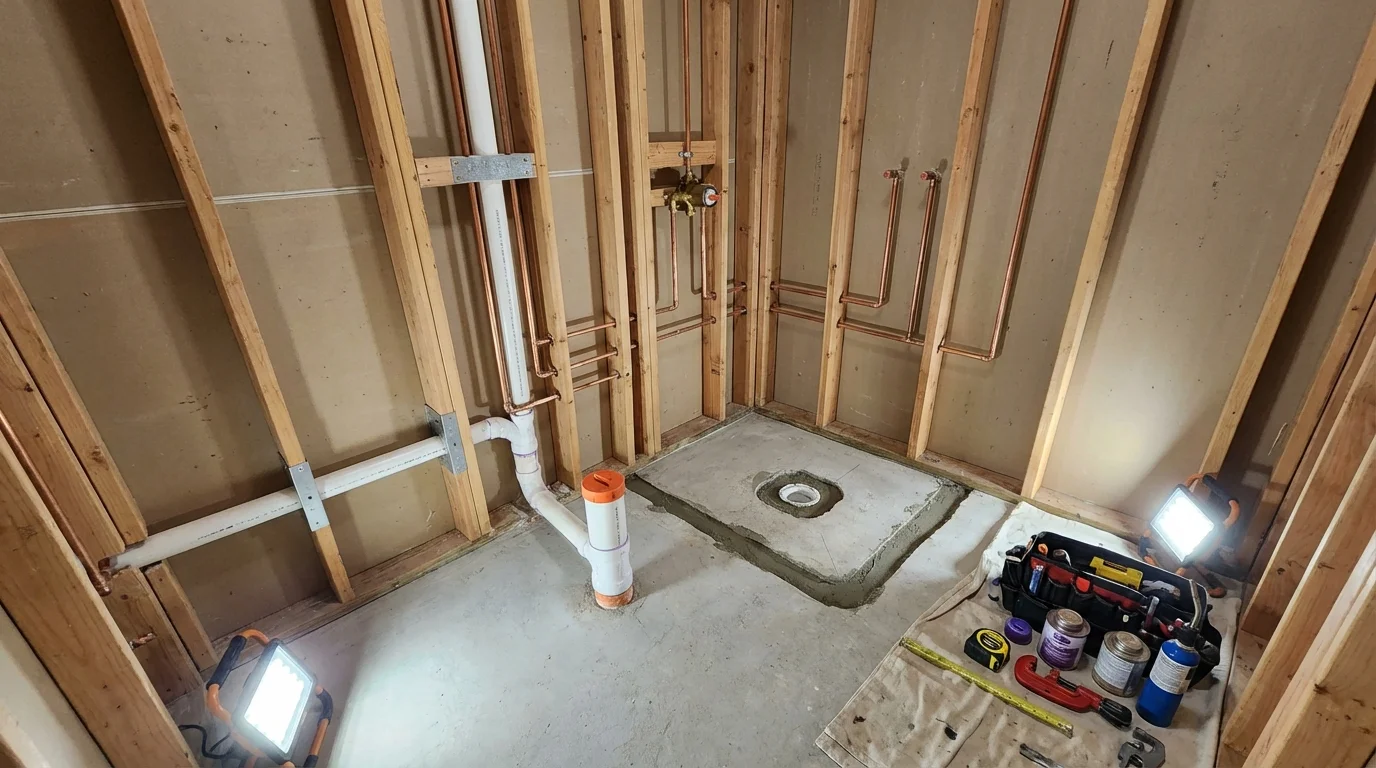 Bathroom rough-in plumbing during remodel by Johns Plumbing LLC in Crandall