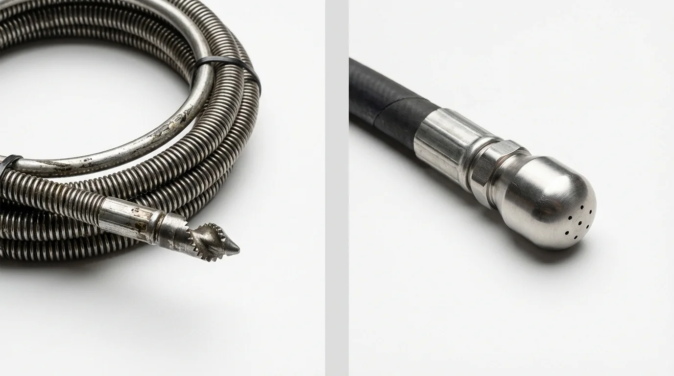 Drain snake cable and hydro jetting nozzle used for drain cleaning in Crandall, TX
