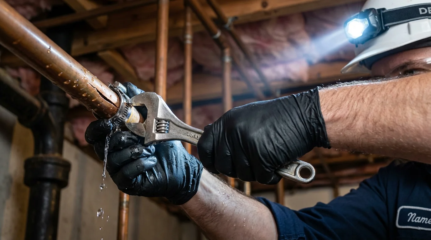 Emergency pipe clamp repair being performed by a Johns Plumbing LLC plumber in Crandall