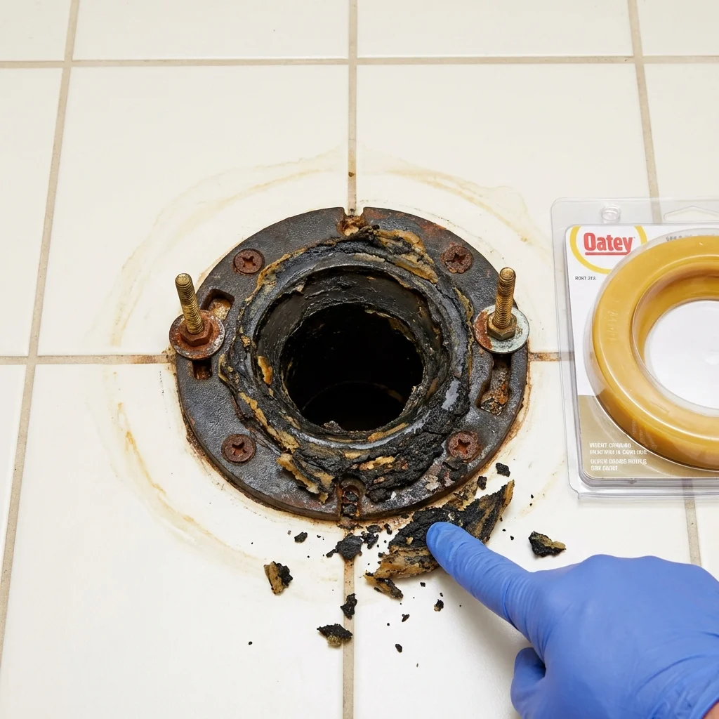 Failed wax ring showing water seepage at the base of a toilet in a Crandall, TX home