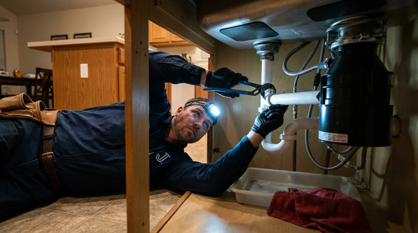 P-trap and supply line connections under a kitchen sink showing a common leak point in Crandall, TX